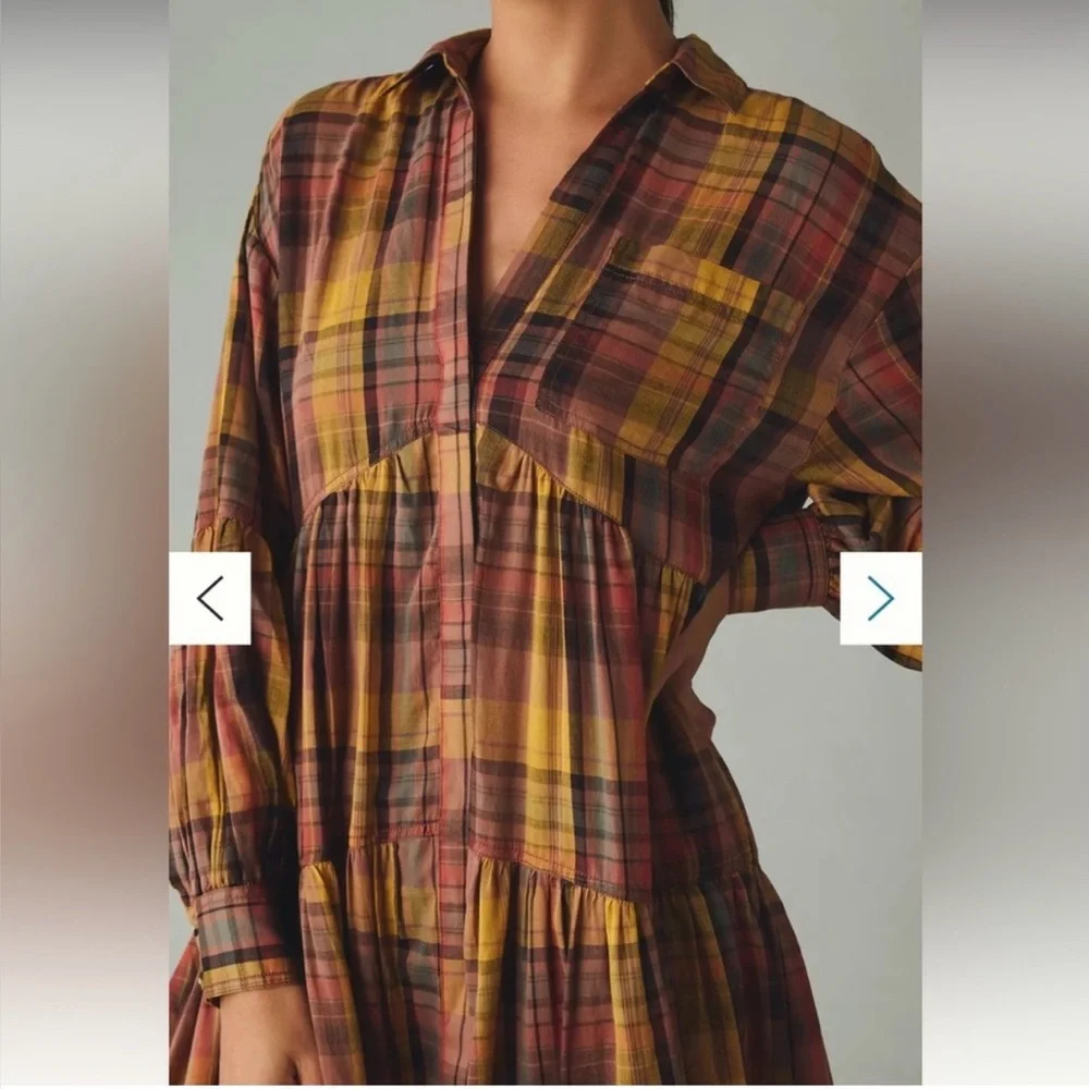 plaid dress Long-Sleeve Tiered High-Low Dress Pilcro/ Anthropologie Sz Xs NWT - Picture 3 of 7